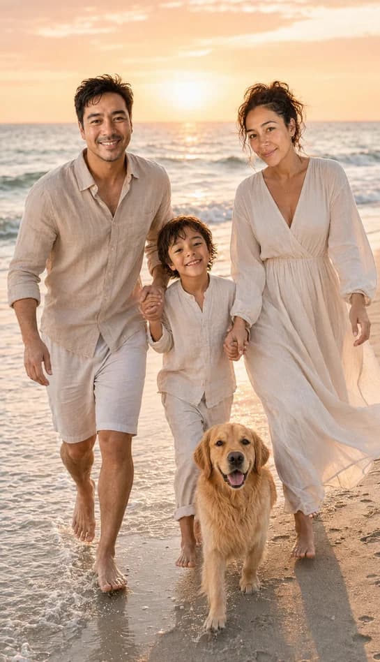 The same parents and son walking hand in hand along the beach at golden hour, with their golden retriever trotting ahead