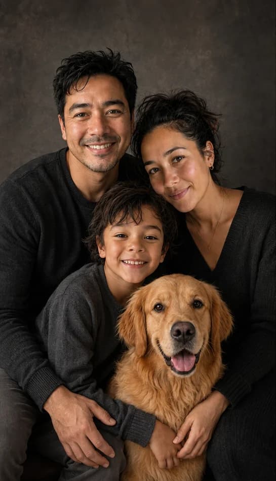 Editorial studio portrait of the same parents, son, and golden retriever