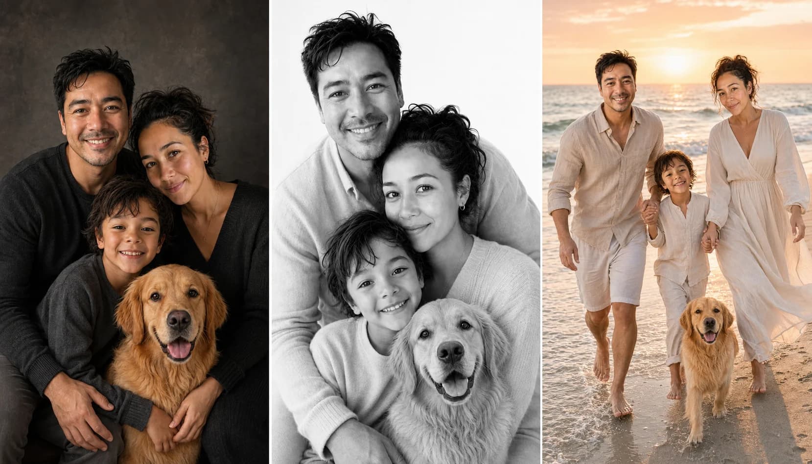 The same family in an editorial studio portrait, white-backdrop Stacked Love portrait, and a candid golden-hour beach walk with their dog