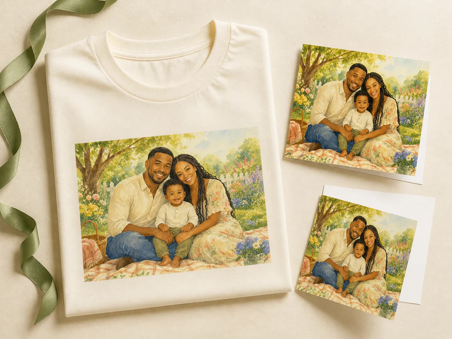 Watercolor family portrait printed on a T-shirt and greeting cards