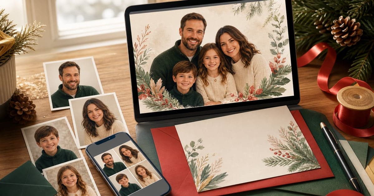 A Christmas card family photo being created from separate reference photos.