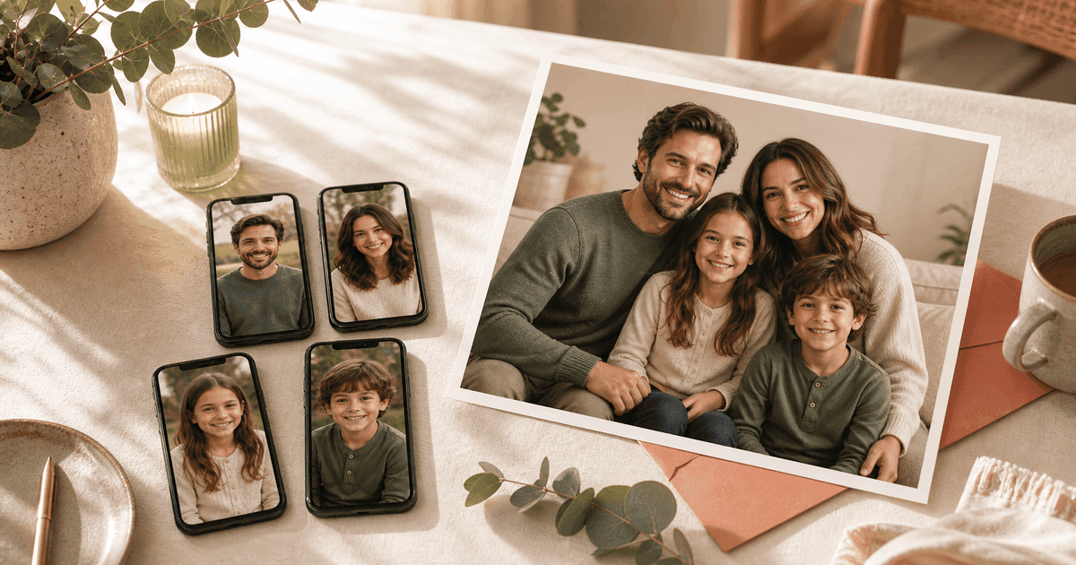 Illustration of separate family phone photos becoming one finished family portrait with FamilyShoot.
