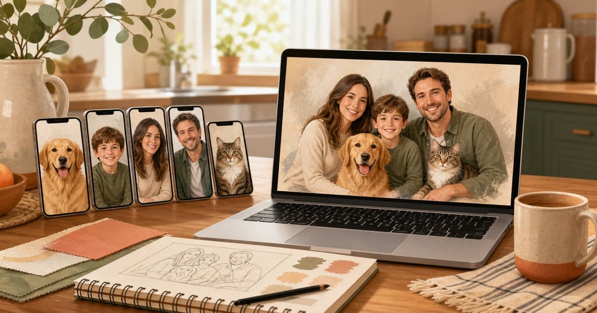Separate family and pet reference photos arranged beside one finished AI family portrait with pets.