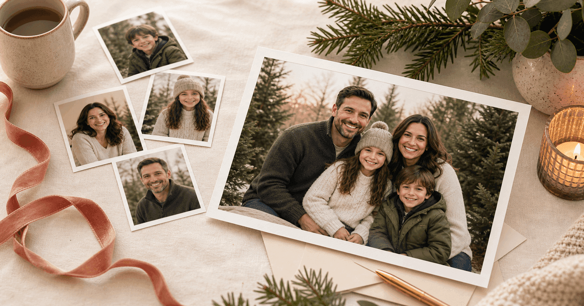 A warm family holiday card print surrounded by separate family reference photos and seasonal accents.
