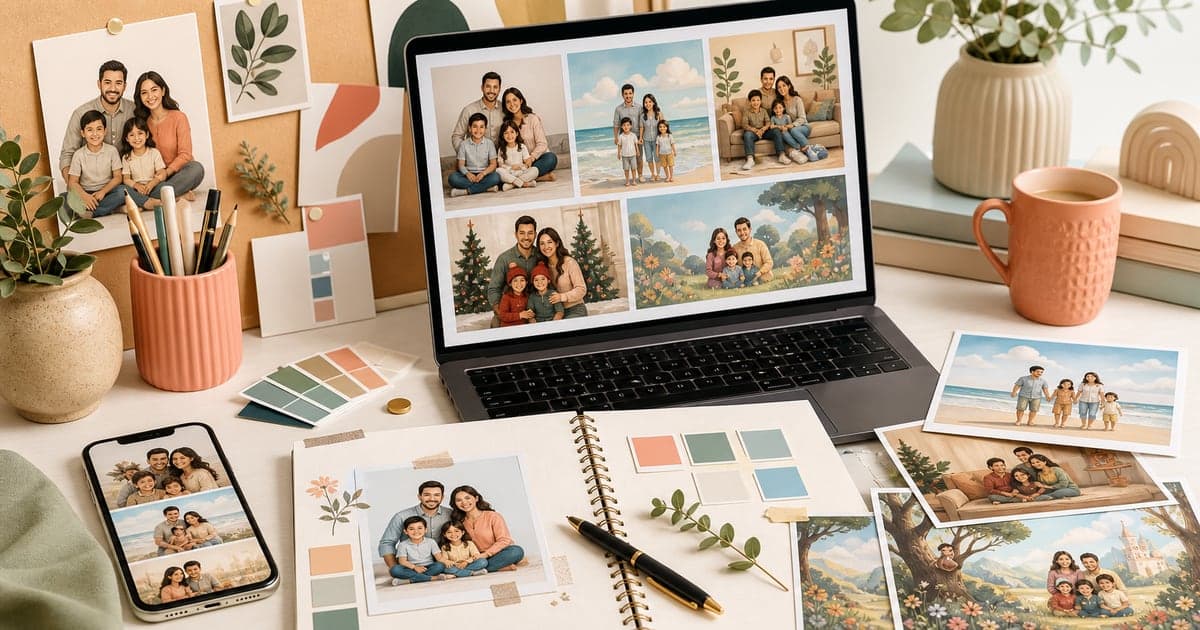 AI family photo prompt ideas arranged as a moodboard for family portrait styles.