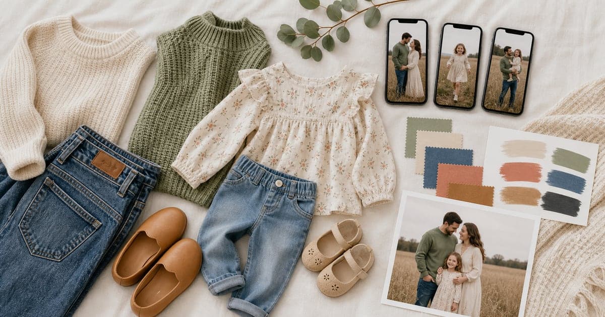 Coordinated family photo outfits and reference photos arranged for an AI family portrait.