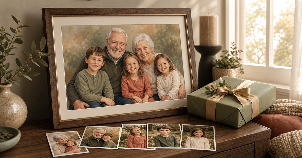 A framed family portrait gift for grandparents created from separate reference photos.