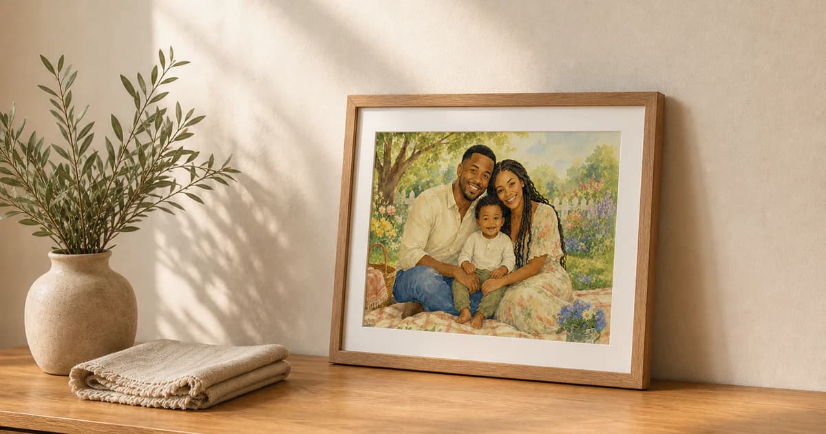 A watercolor family portrait displayed as framed wall art in a warm family home.