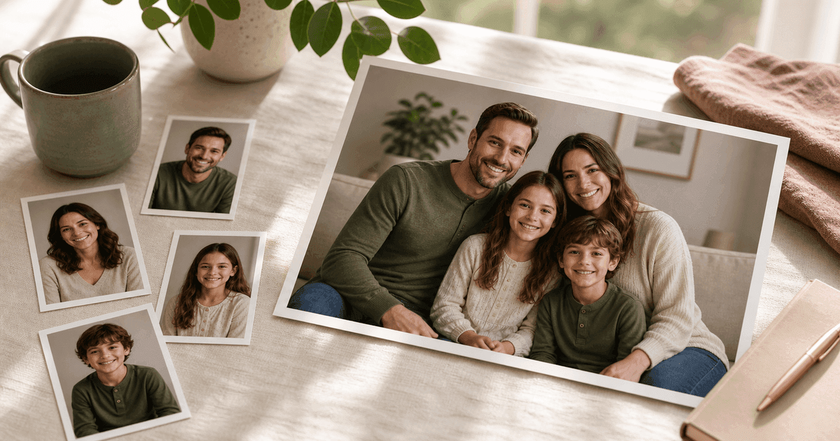 A natural-looking printed family portrait on a warm home table beside individual reference photos.