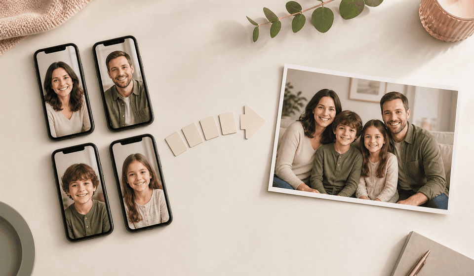 Separate phone photos flowing into one AI family portrait