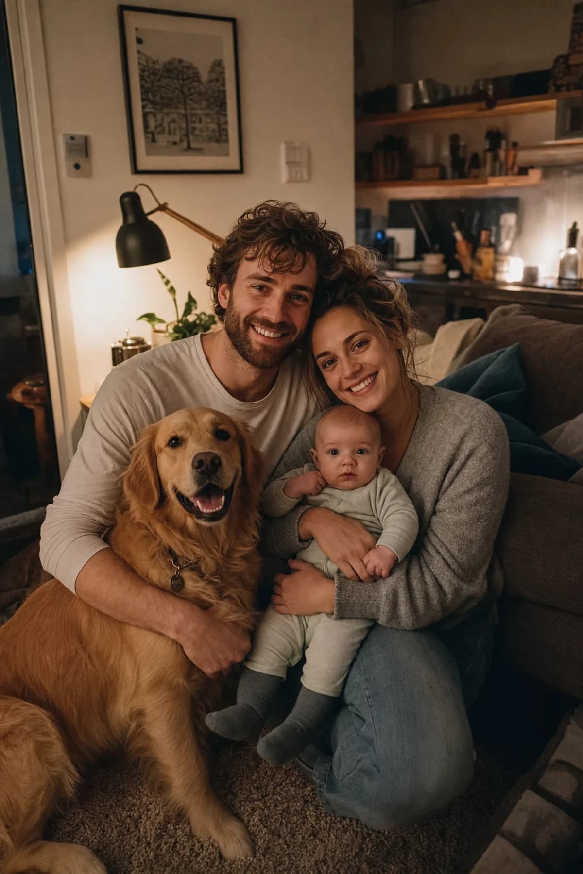 New baby at home family portrait