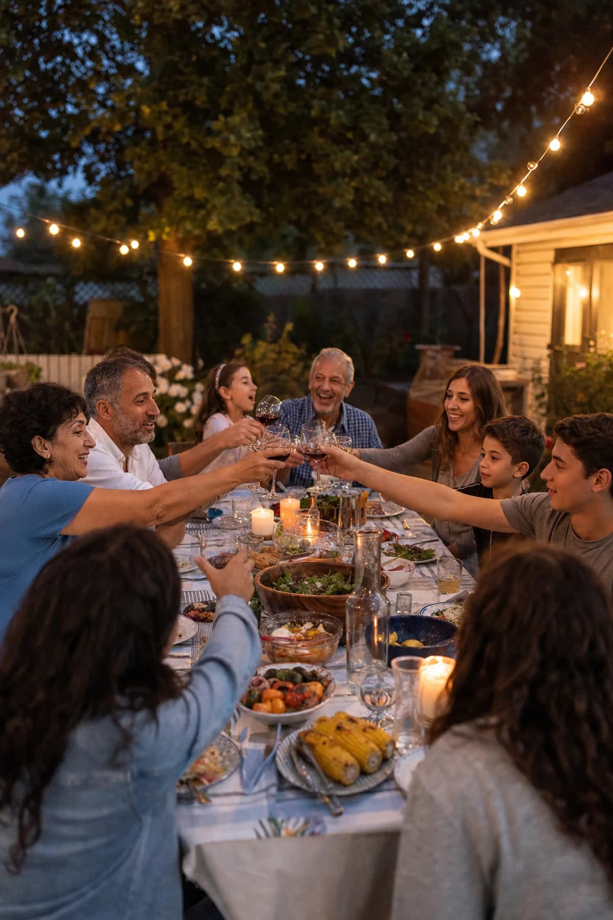 Backyard dinner family portrait