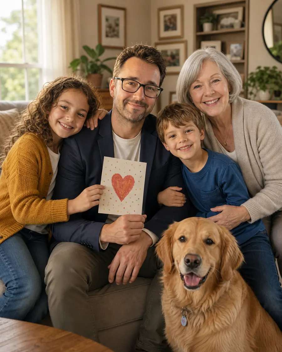 Finished Father's Day living room portrait with Dad, children, Grandma, and a golden retriever