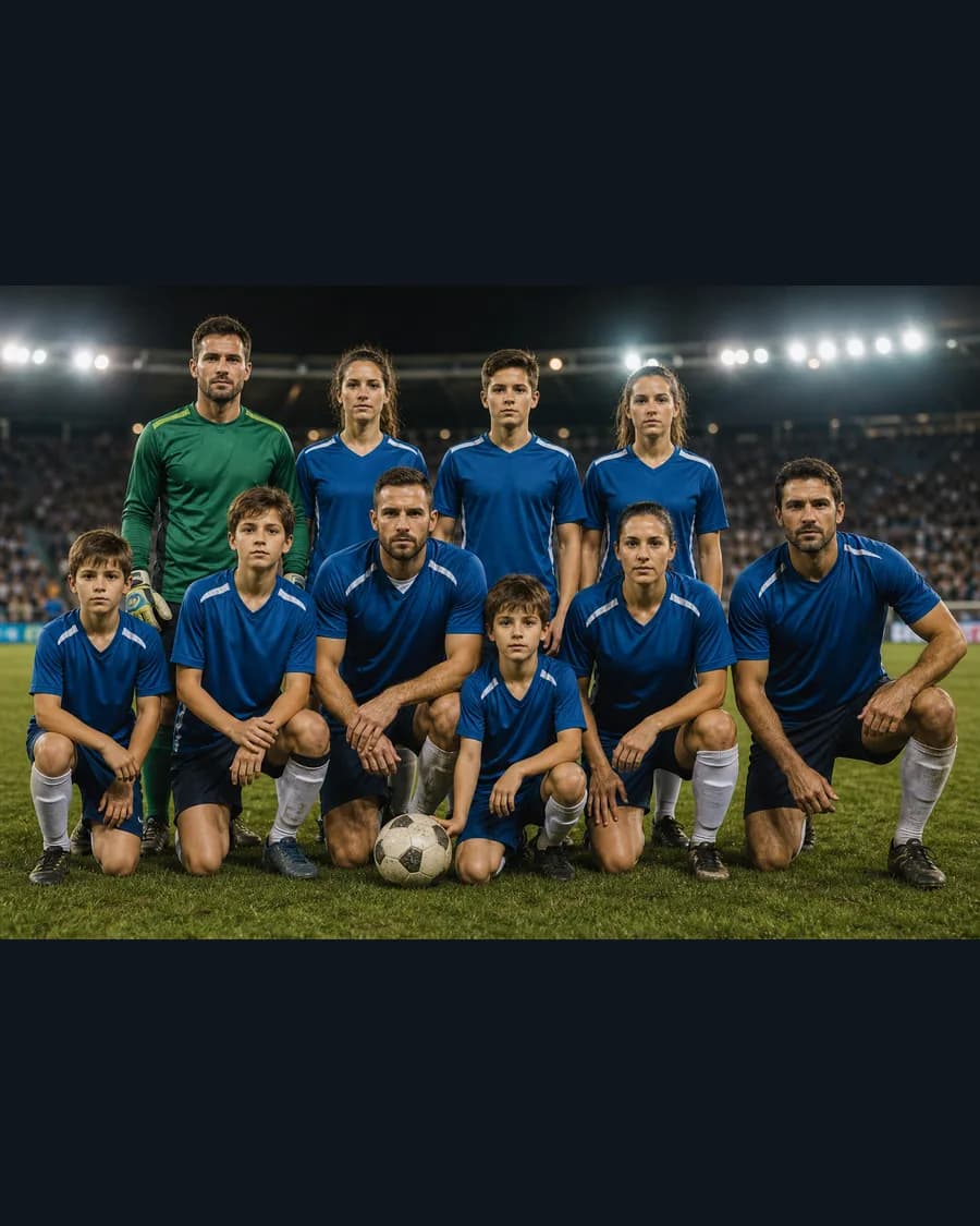 Finished Father's Day soccer team family portrait with Dad and family in matching jerseys