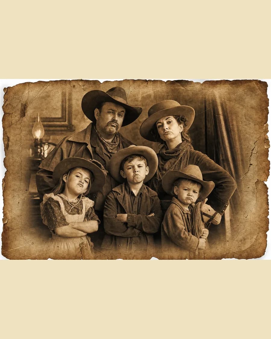 Finished Father's Day western wanted poster family portrait with cowboy hats and sepia paper texture