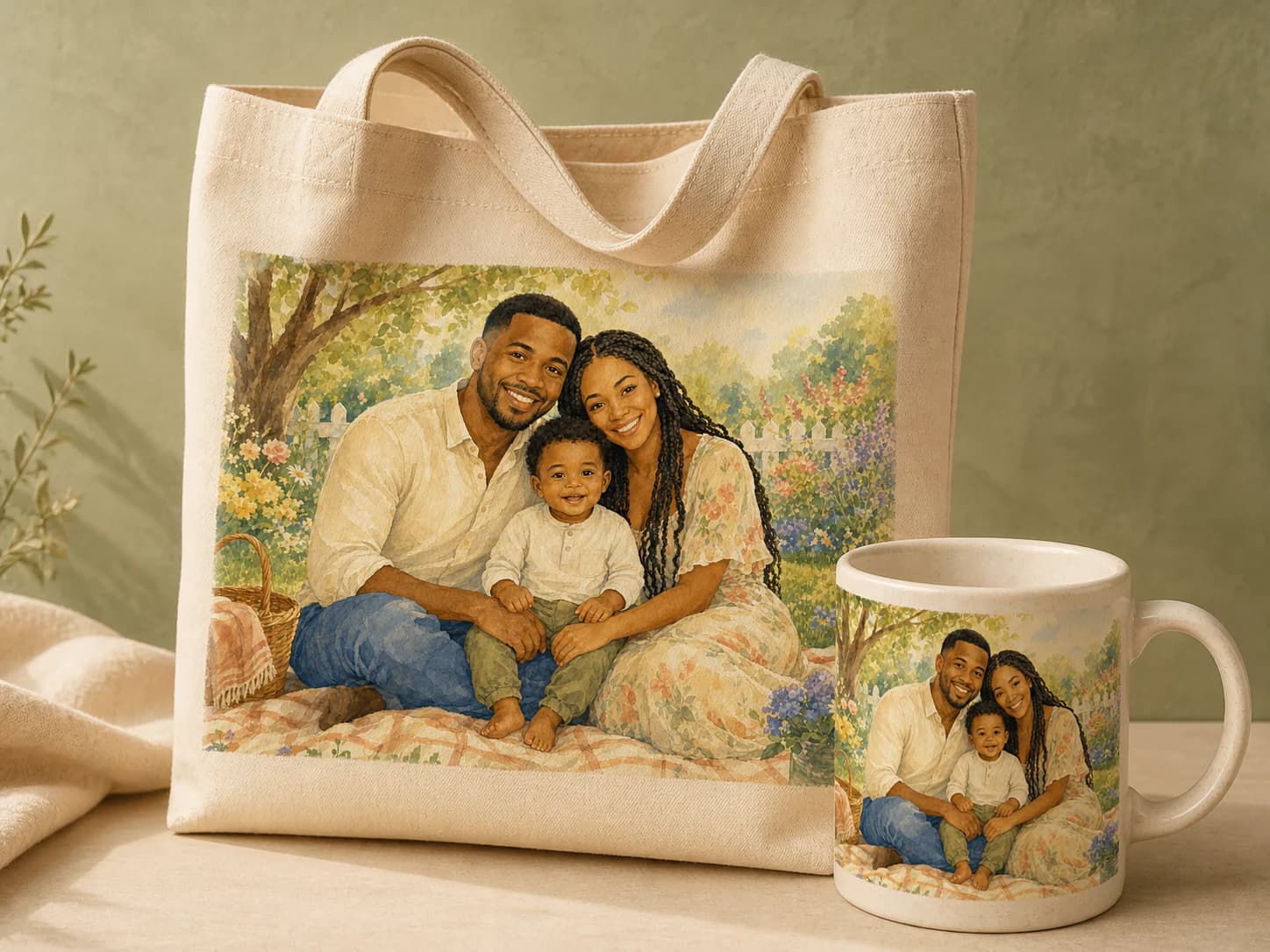 A family portrait printed on a canvas tote and ceramic mug