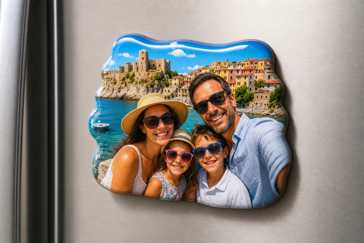 Family portrait styled as a glossy vacation fridge magnet