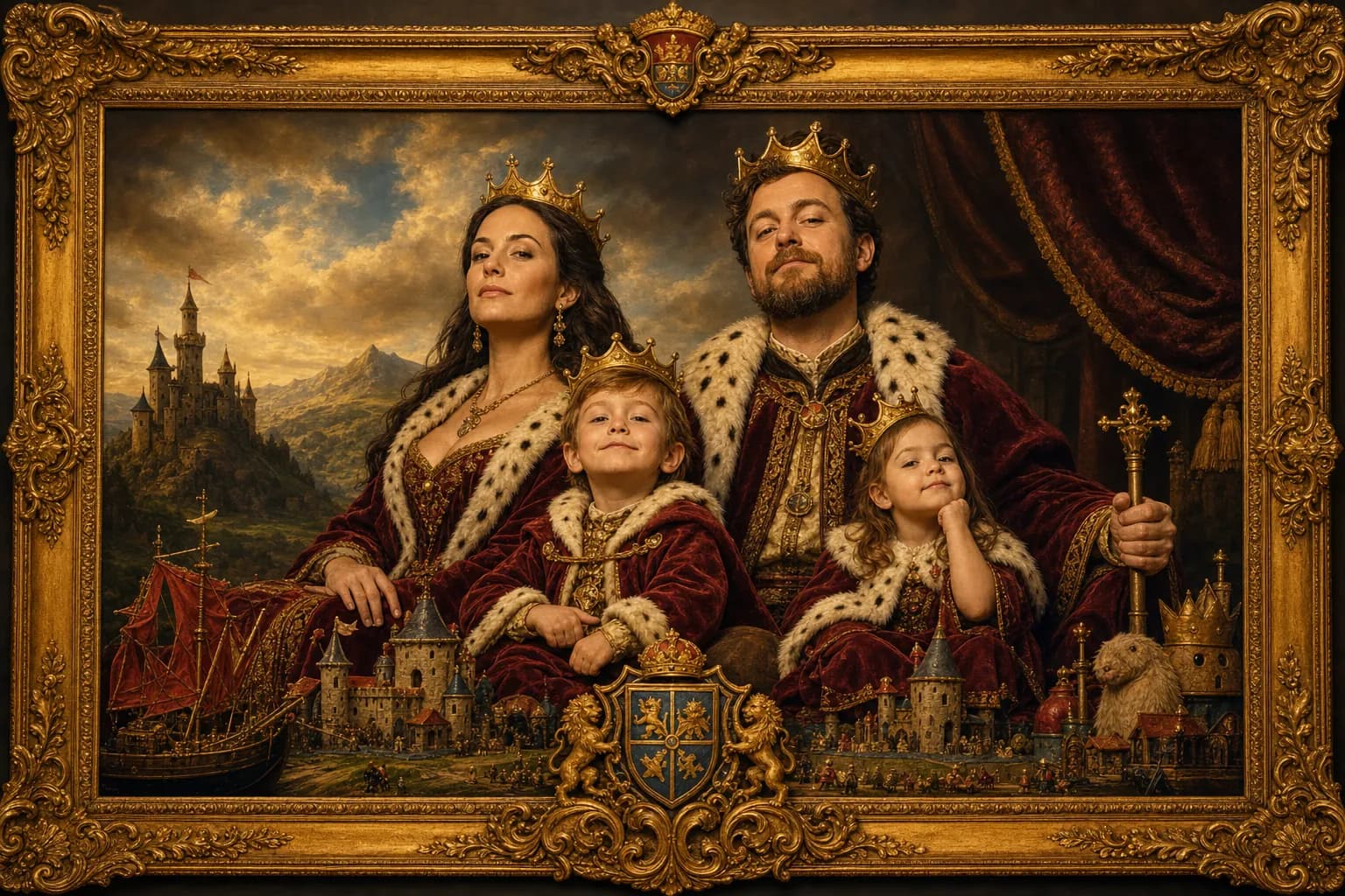 Family painted as tiny rulers in a royal museum oil portrait