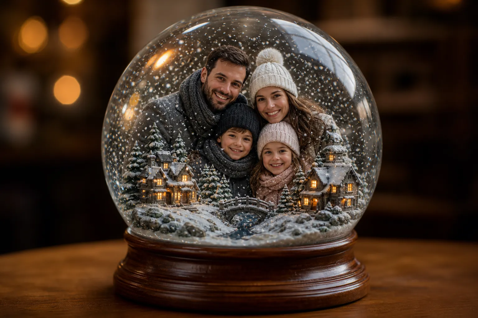 Family photo inside a sparkling winter snow globe