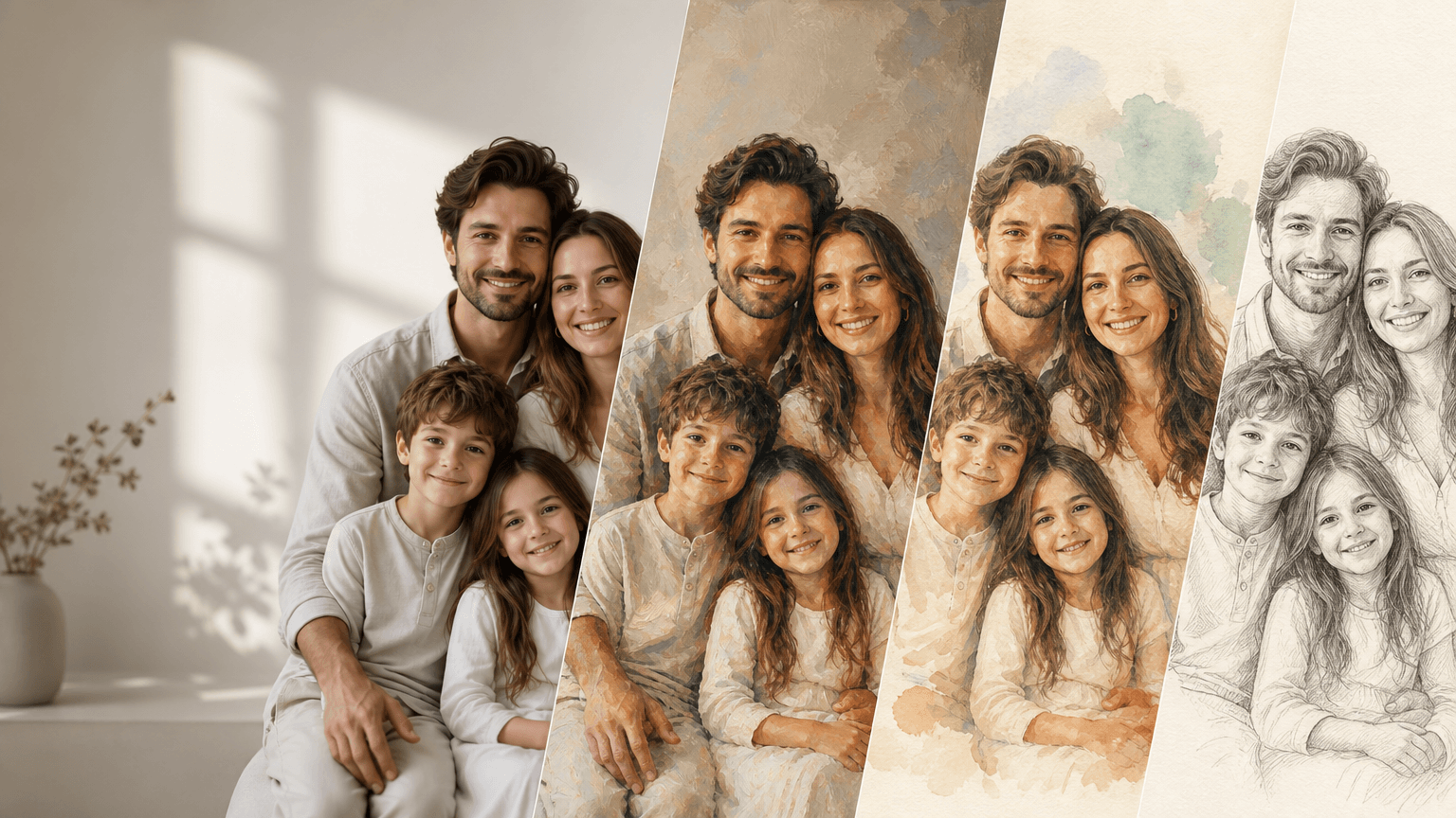 Family portrait shown in photographic, oil-painted, watercolor, and pencil art styles.