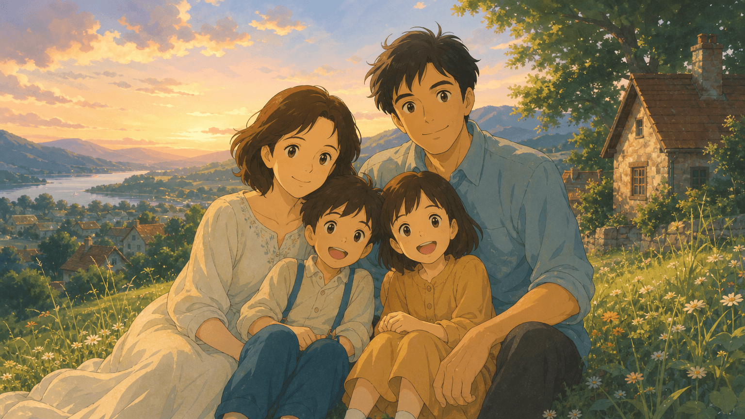 A warm hand-painted family portrait in a magical countryside setting.