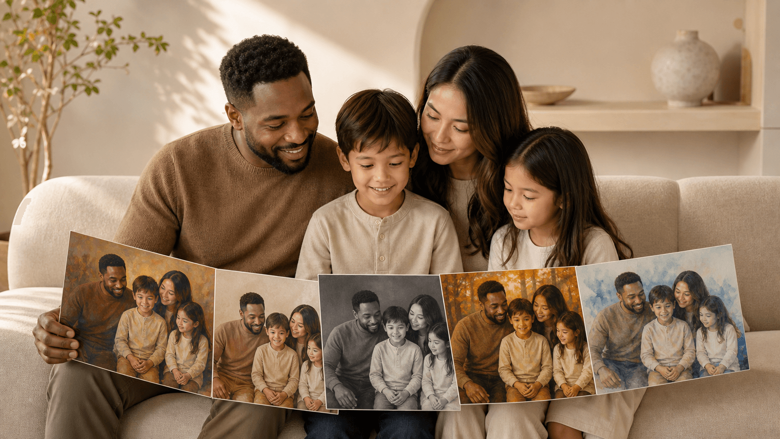 A family compares several warm and artistic AI portrait styles.