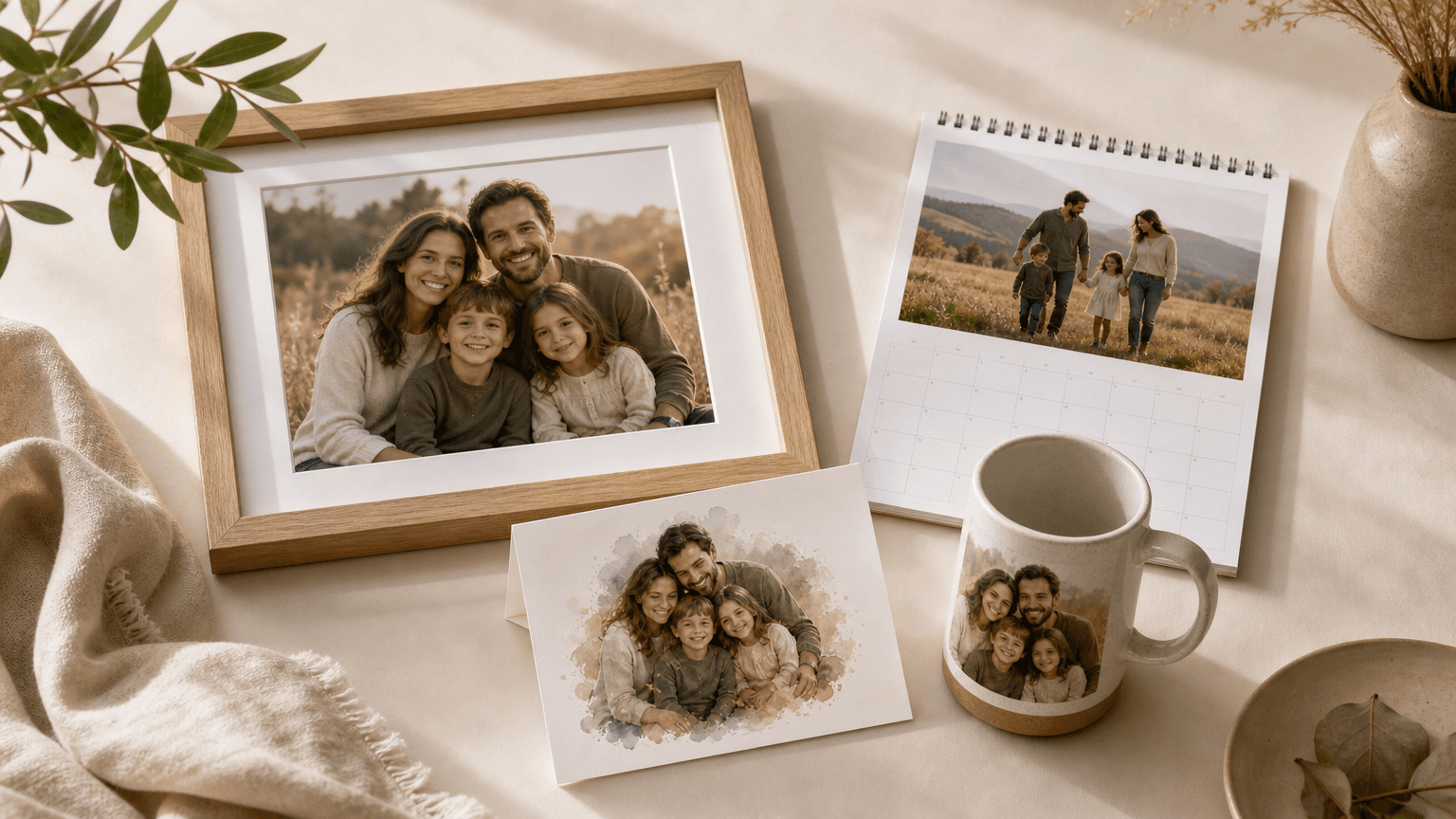 Creative family photo keepsakes include a framed portrait, calendar, card, and mug.