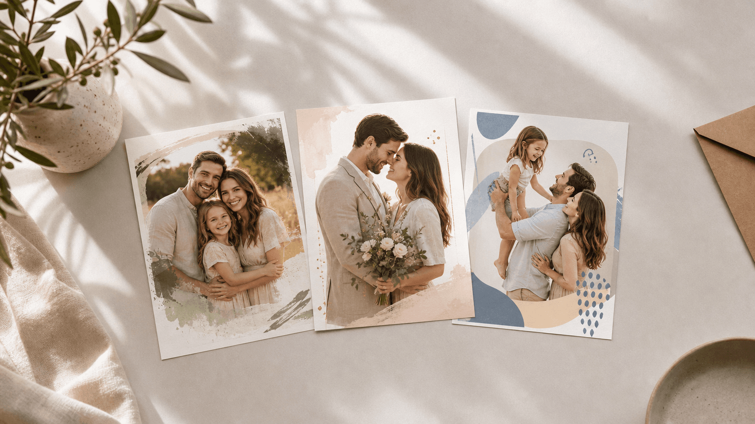 Personalized family photo cards are arranged for birthdays, anniversaries, and celebrations.